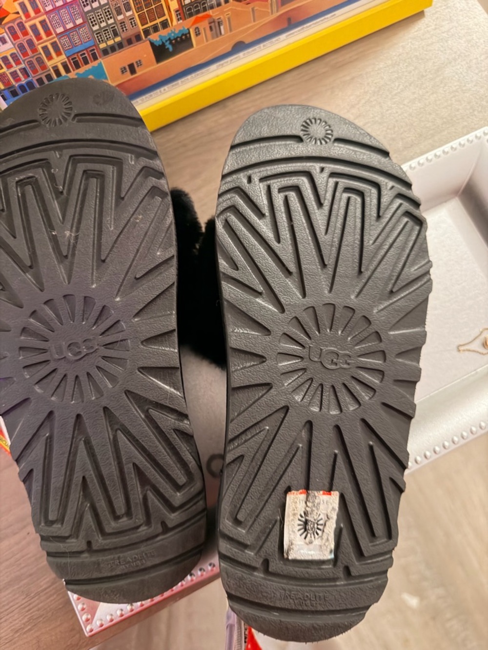 UGG Black Faux Fur Logo Slide Sandals - Picture 3 of 3